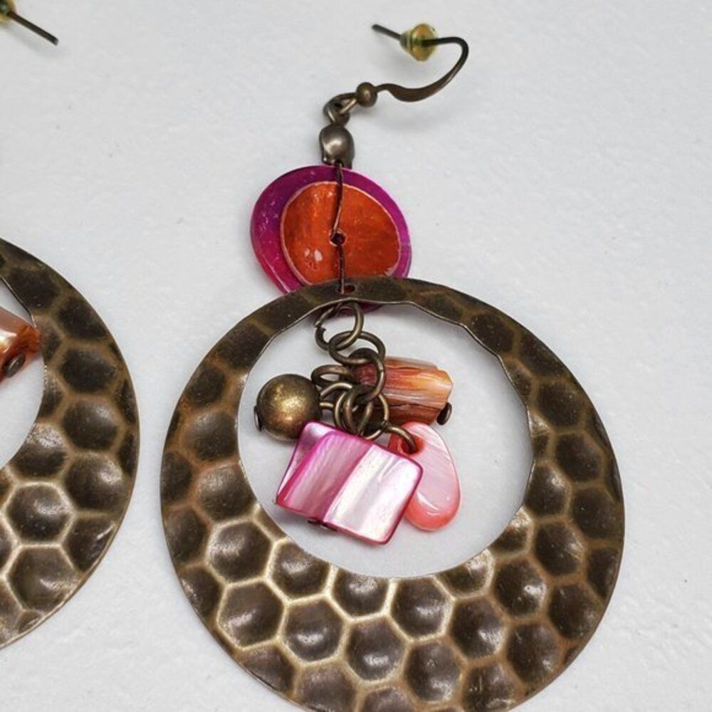 Textured Earrings Statement Orange Pink Gold Tone - Picture 3 of 6